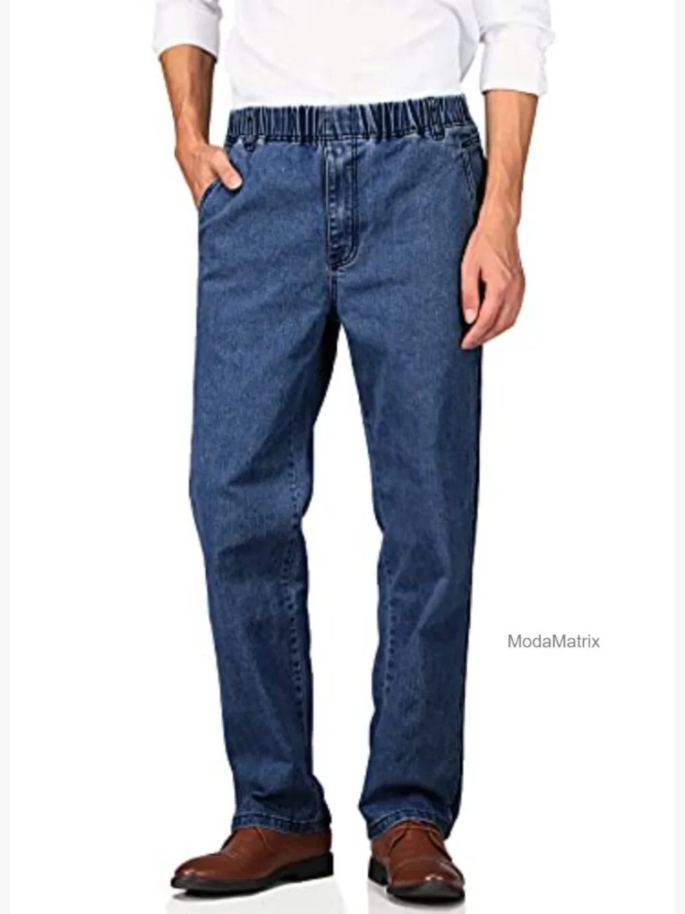 Mens Casual Loose Fit Elastic Waist Jeans Denim Pants Straight Leg
